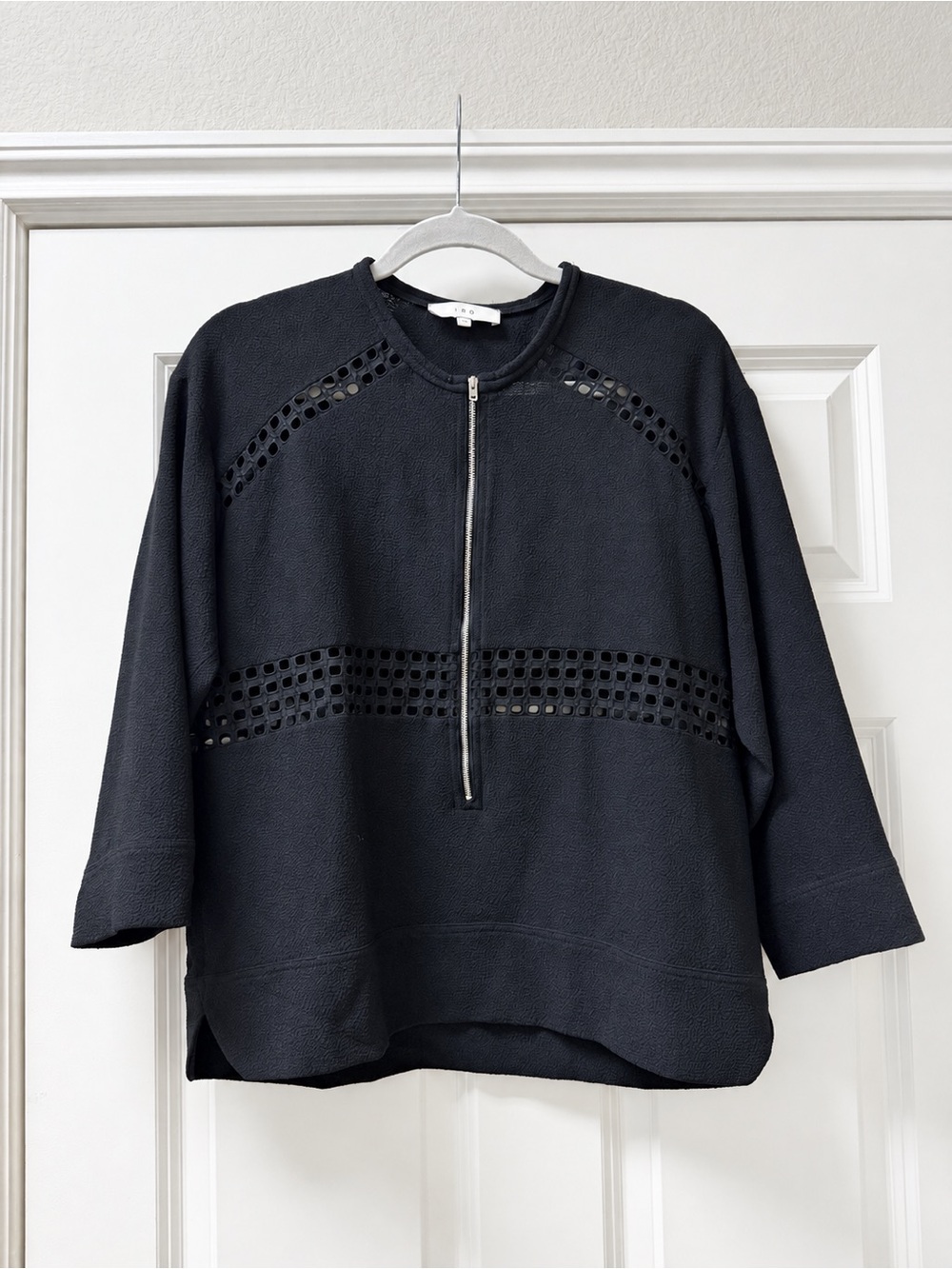 IRO Black Textured Cutout Zip Front Top Size 38